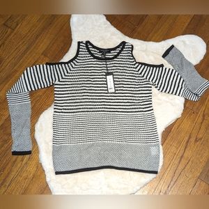 Romeo & Juliet Couture Black & White Striped Cotton Long Sleeve Sweater, Small